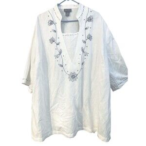Maggie Barnes 2X Linen blend White Blouse EmbellishEmbroidered Boho chic Resort